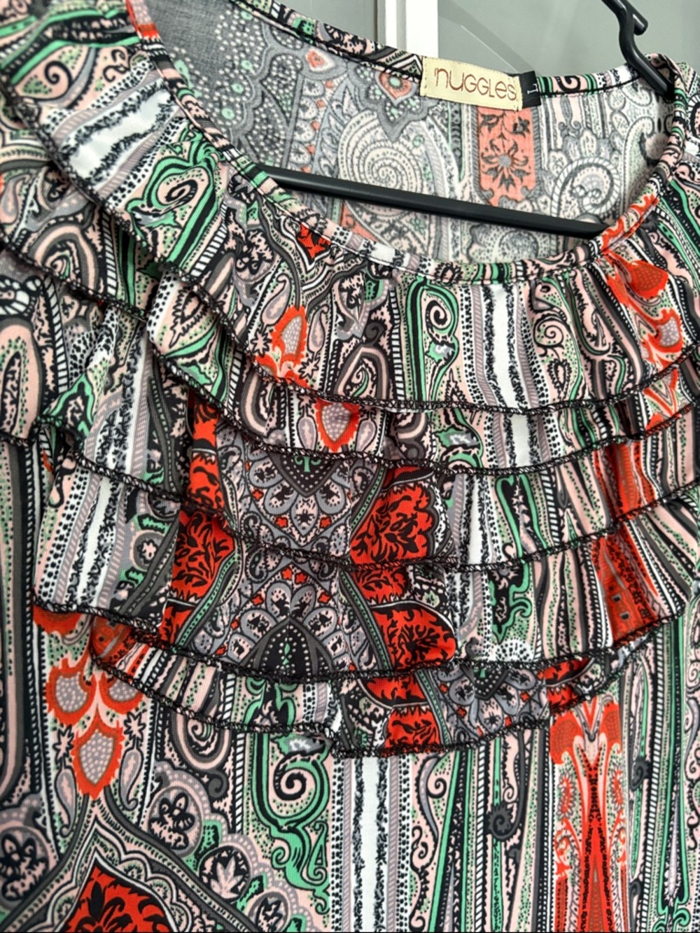 Nuggles Paisley Ruffle Tunic Top in Coral, Green & Gray - Picture 3 of 7